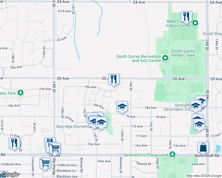 map of restaurants, bars, coffee shops, grocery stores, and more near 14309 19A Avenue in Surrey