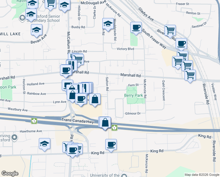 map of restaurants, bars, coffee shops, grocery stores, and more near 1950 Salton Road in Abbotsford