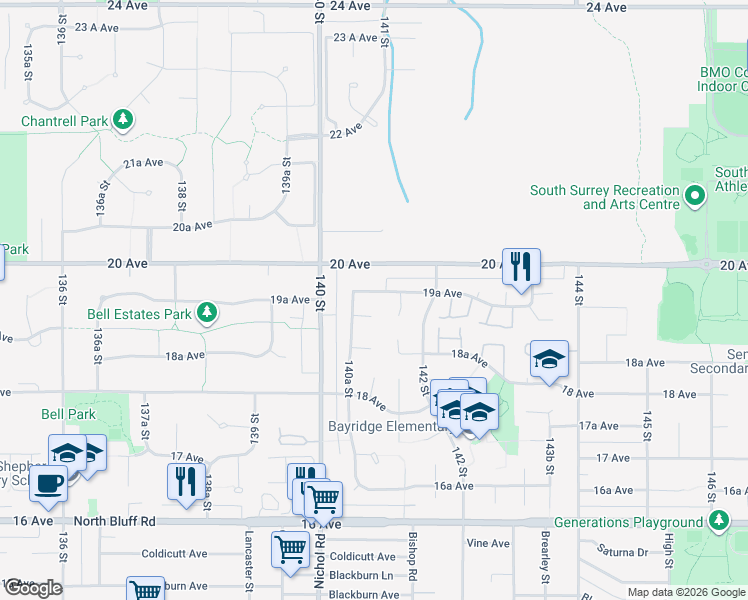 map of restaurants, bars, coffee shops, grocery stores, and more near 14076 19A Avenue in Surrey