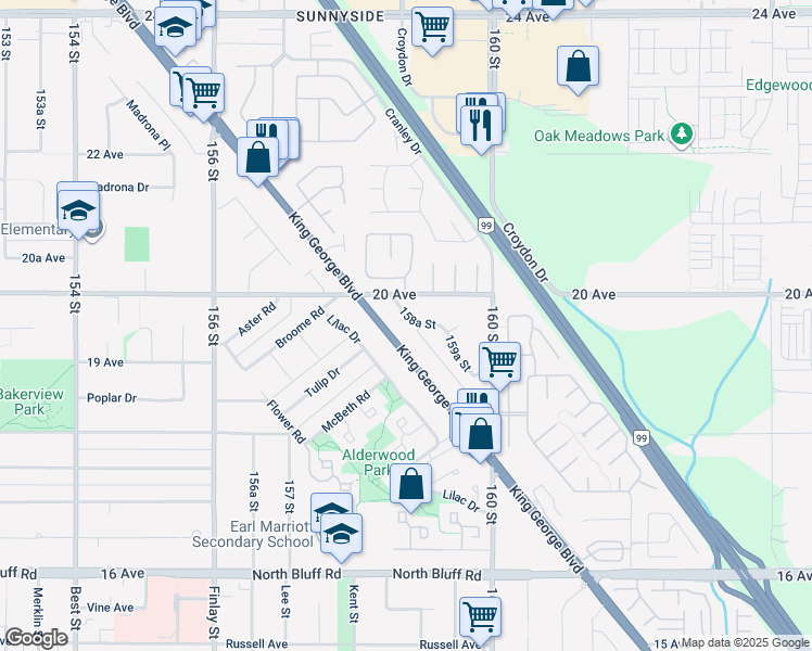 map of restaurants, bars, coffee shops, grocery stores, and more near 1955 158A Street in Surrey