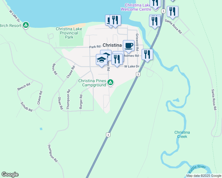 map of restaurants, bars, coffee shops, grocery stores, and more near 1500 Neimi Road in Christina Lake
