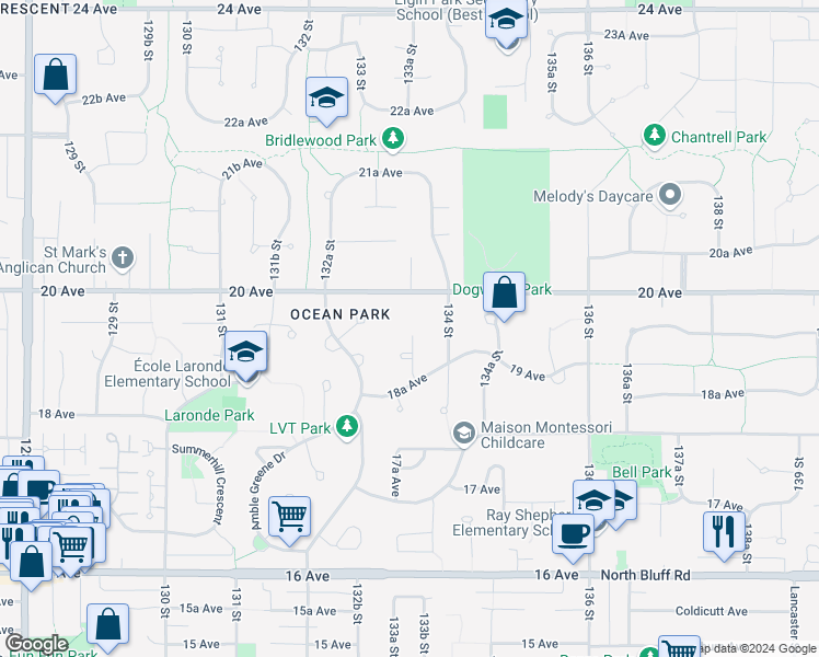 map of restaurants, bars, coffee shops, grocery stores, and more near 1943 133B Street in Surrey
