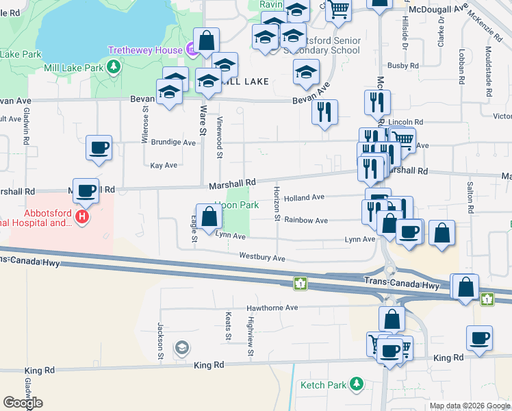 map of restaurants, bars, coffee shops, grocery stores, and more near 33318 Holland Avenue in Abbotsford
