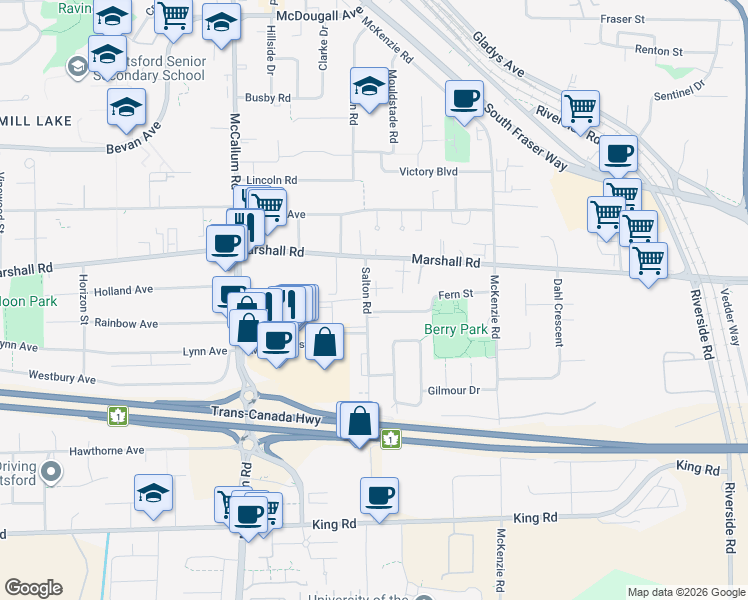 map of restaurants, bars, coffee shops, grocery stores, and more near 1940 Salton Road in Abbotsford
