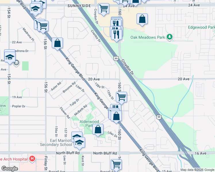map of restaurants, bars, coffee shops, grocery stores, and more near 15967 19A Avenue in Surrey