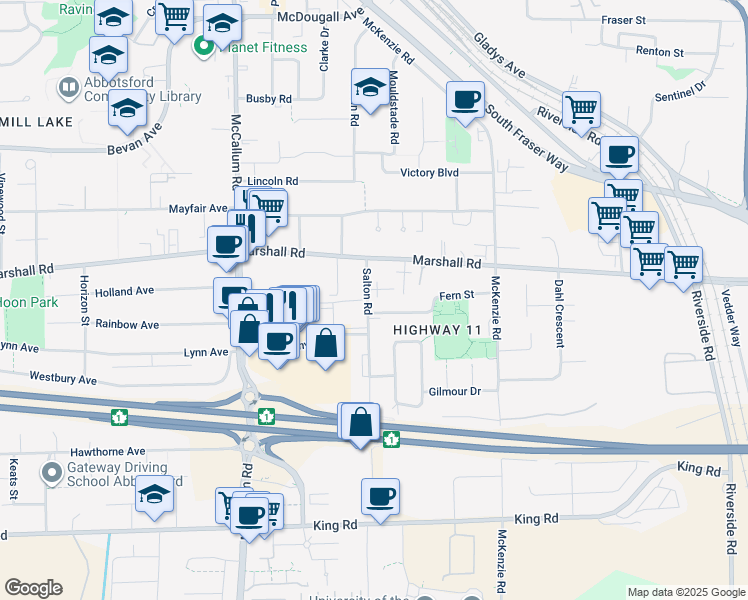 map of restaurants, bars, coffee shops, grocery stores, and more near 1940 Salton Road in Abbotsford