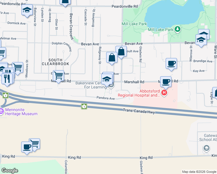 map of restaurants, bars, coffee shops, grocery stores, and more near 32622 Marshall Road in Abbotsford