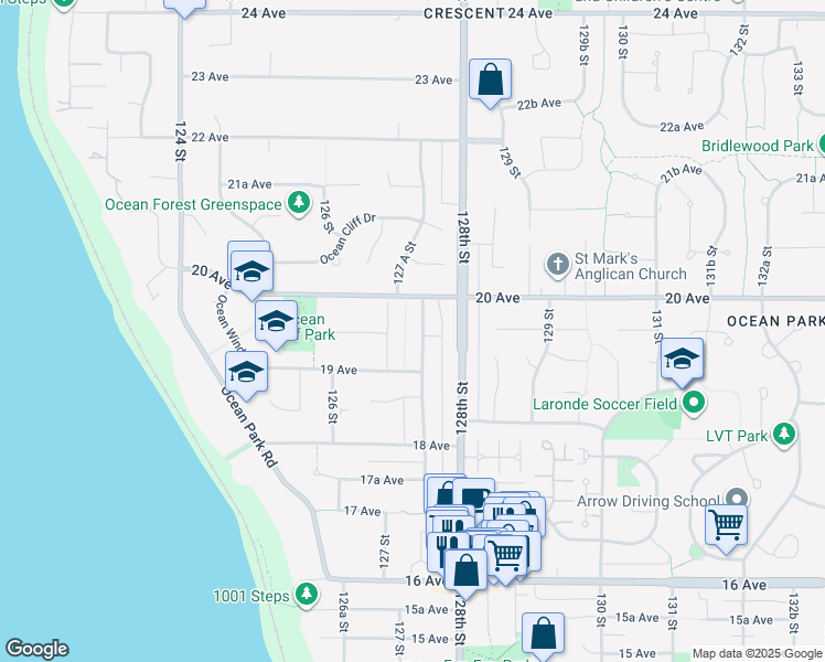 map of restaurants, bars, coffee shops, grocery stores, and more near 1957 127 A Street in Surrey