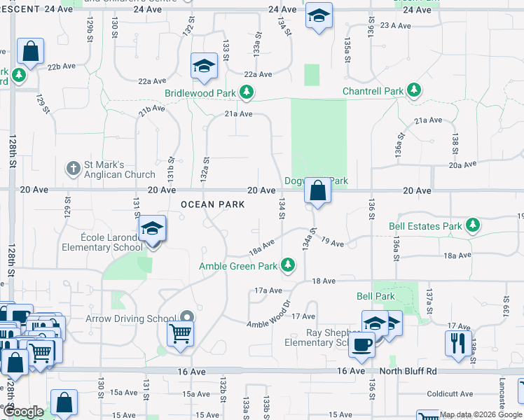 map of restaurants, bars, coffee shops, grocery stores, and more near 1944 133B Street in Surrey