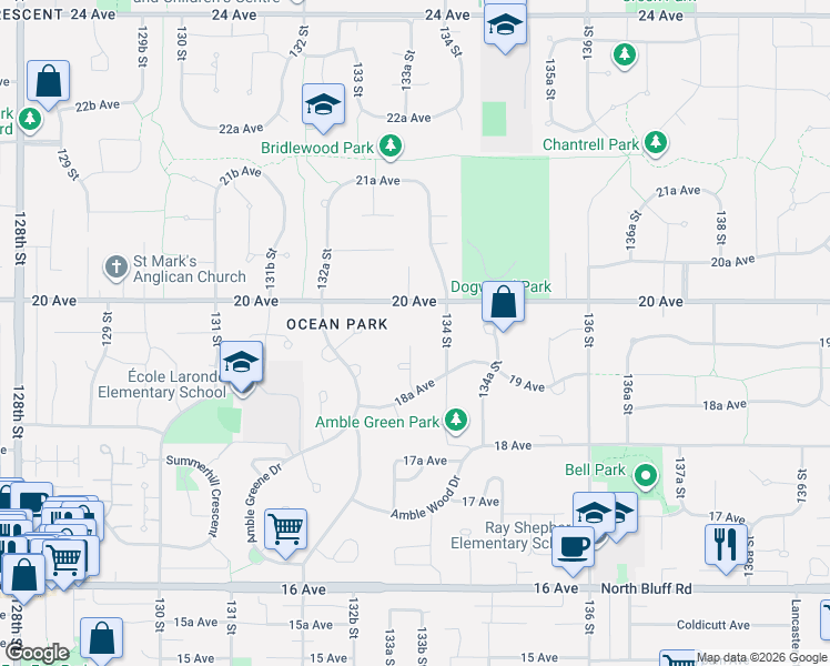 map of restaurants, bars, coffee shops, grocery stores, and more near 1944 133B Street in Surrey