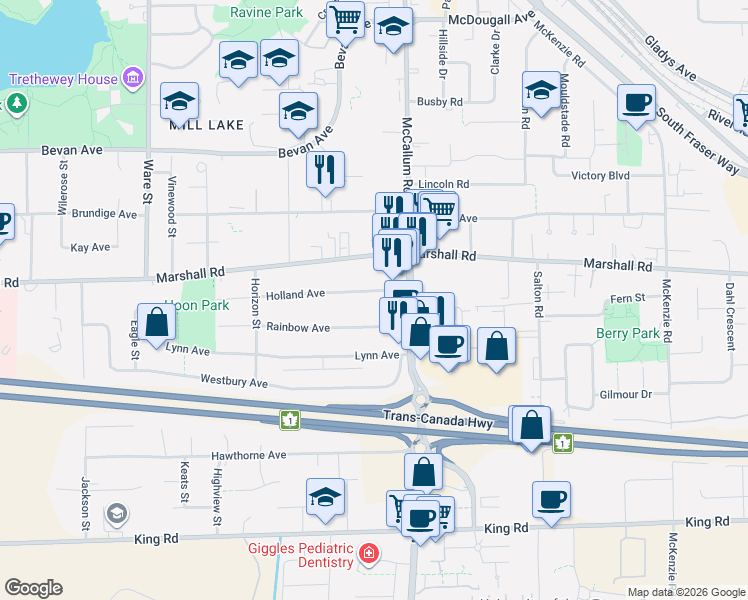 map of restaurants, bars, coffee shops, grocery stores, and more near 33546 Holland Avenue in Abbotsford