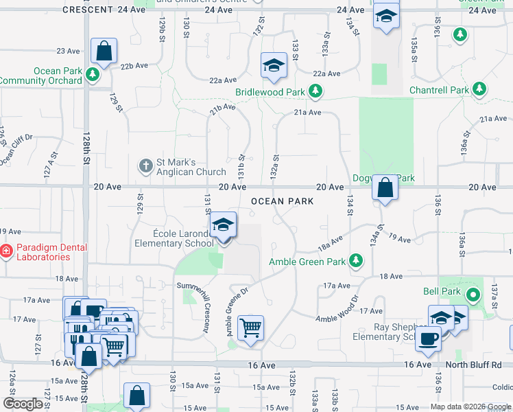 map of restaurants, bars, coffee shops, grocery stores, and more near 13183 19A Avenue in Surrey