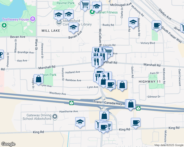 map of restaurants, bars, coffee shops, grocery stores, and more near 33546 Holland Avenue in Abbotsford