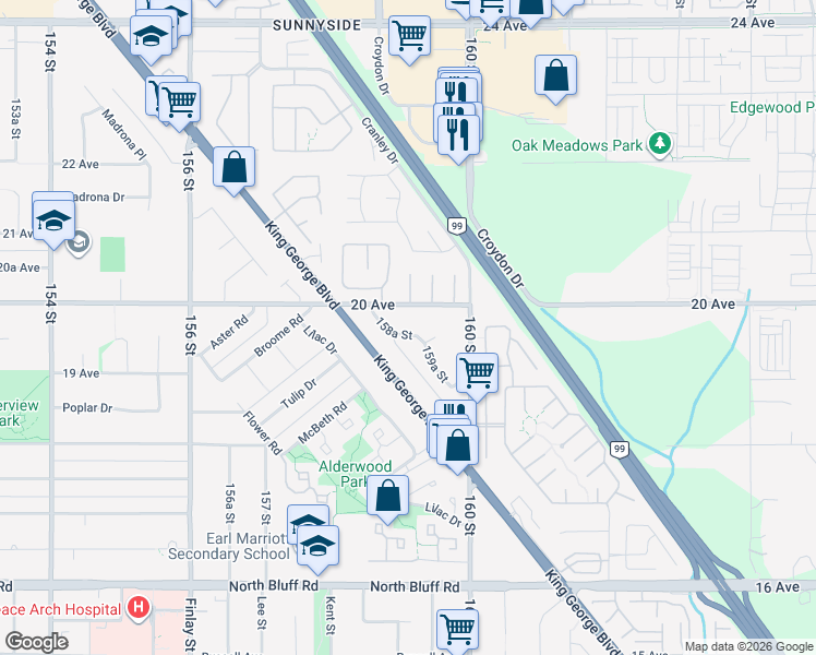 map of restaurants, bars, coffee shops, grocery stores, and more near 1964 158A Street in Surrey