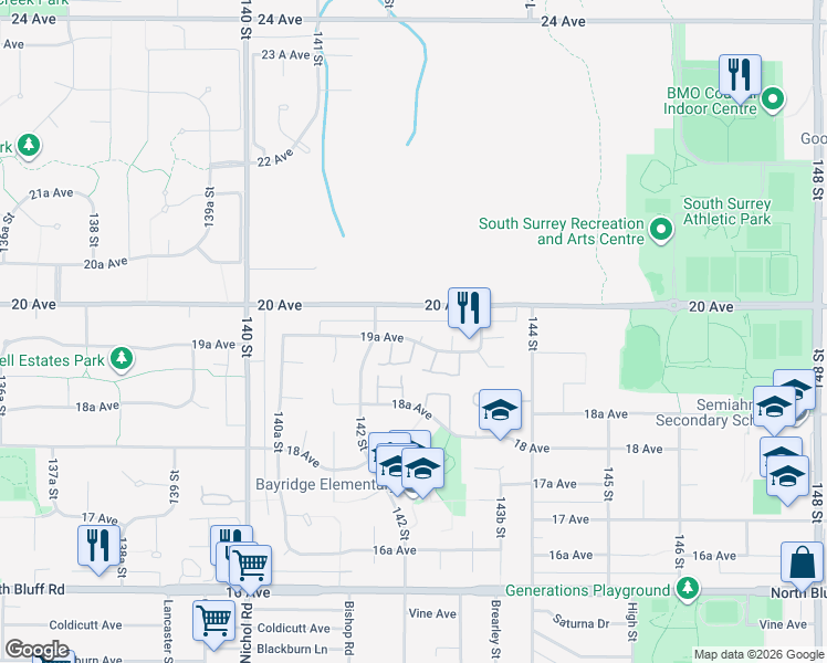 map of restaurants, bars, coffee shops, grocery stores, and more near 14243 19A Avenue in Surrey