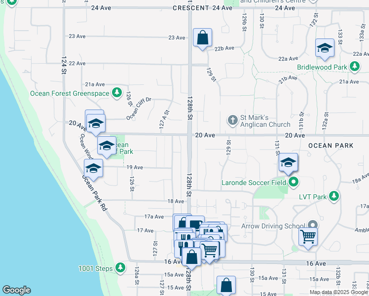 map of restaurants, bars, coffee shops, grocery stores, and more near 1959 128th Street in Surrey