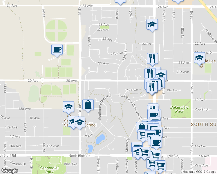 map of restaurants, bars, coffee shops, grocery stores, and more near 14953 Southmere Place in Surrey