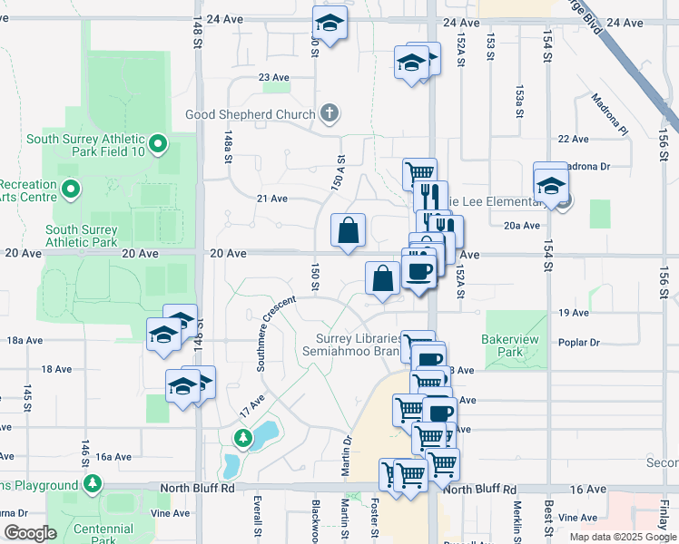 map of restaurants, bars, coffee shops, grocery stores, and more near 15043 19A Avenue in Surrey