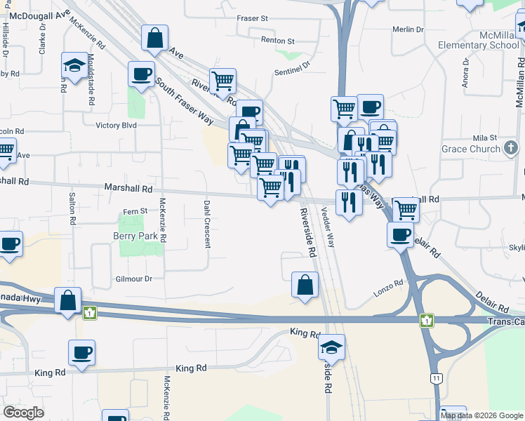 map of restaurants, bars, coffee shops, grocery stores, and more near 34194 Marshall Road in Abbotsford
