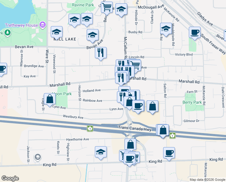 map of restaurants, bars, coffee shops, grocery stores, and more near 33545 Rainbow Avenue in Abbotsford