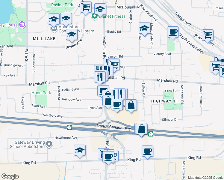 map of restaurants, bars, coffee shops, grocery stores, and more near 1948 McCallum Road in Abbotsford