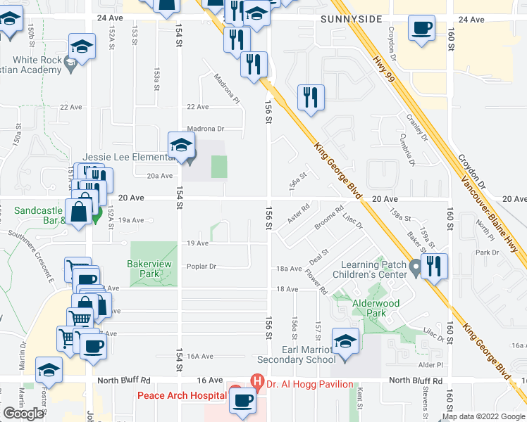 map of restaurants, bars, coffee shops, grocery stores, and more near 1967 156 Street in Surrey