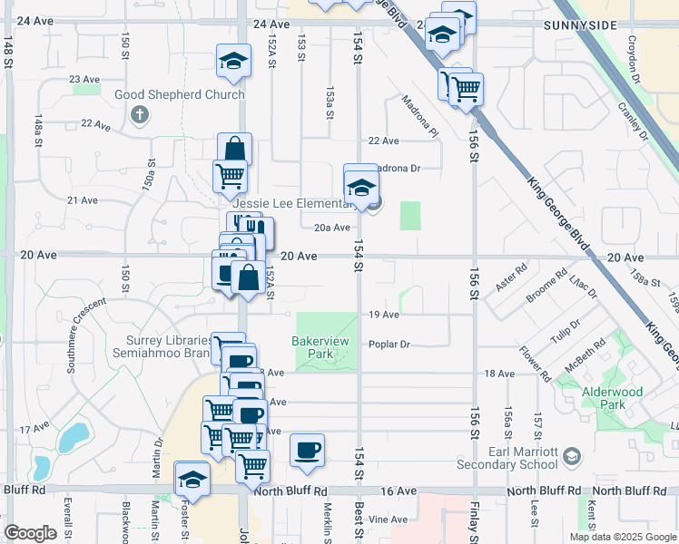 map of restaurants, bars, coffee shops, grocery stores, and more near 15360 20 Avenue in Surrey