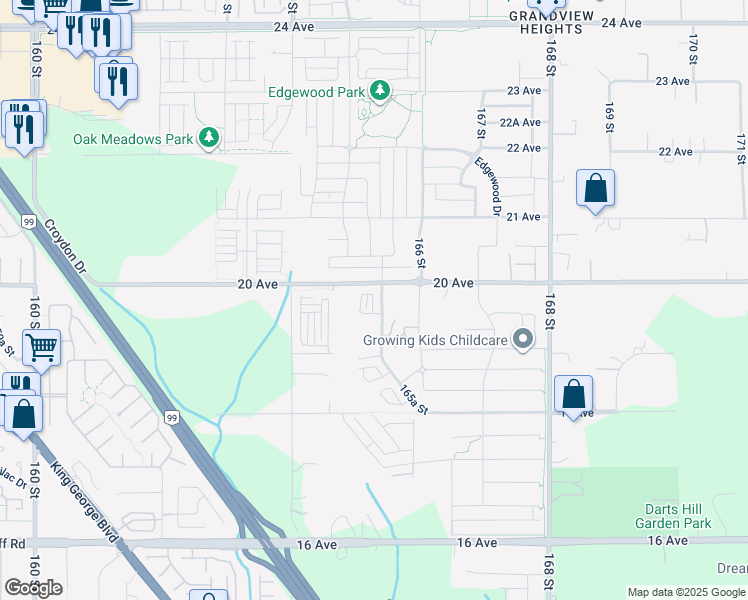 map of restaurants, bars, coffee shops, grocery stores, and more near 1959 165A Street in Surrey