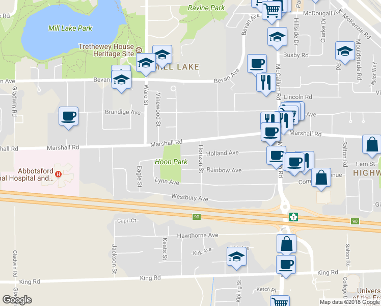 map of restaurants, bars, coffee shops, grocery stores, and more near 33333 Holland Avenue in Abbotsford