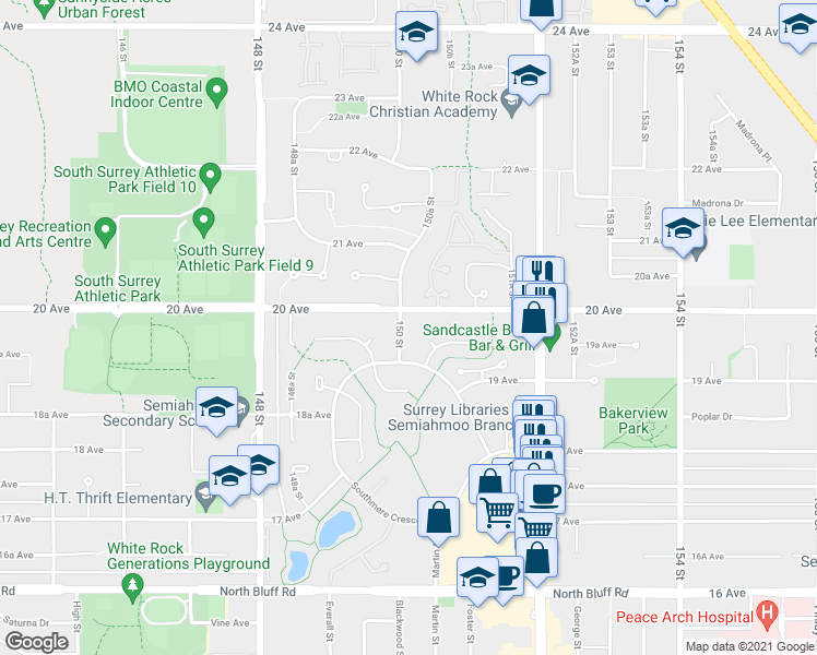 map of restaurants, bars, coffee shops, grocery stores, and more near 1974 150 Street in Surrey