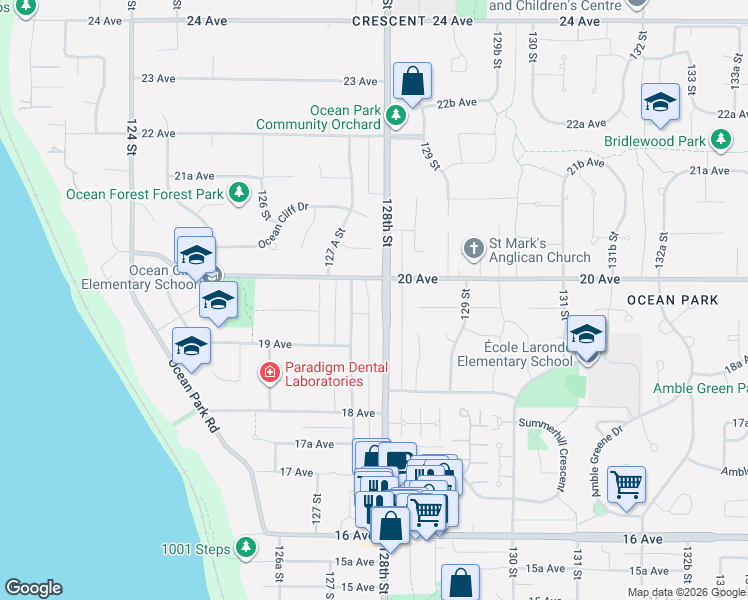 map of restaurants, bars, coffee shops, grocery stores, and more near 1965 128th Street in Surrey