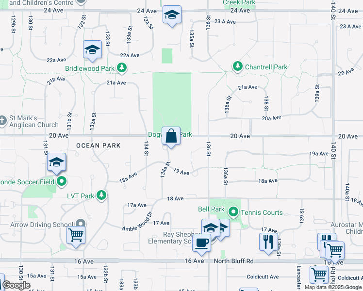 map of restaurants, bars, coffee shops, grocery stores, and more near 13514 20 Avenue in Surrey