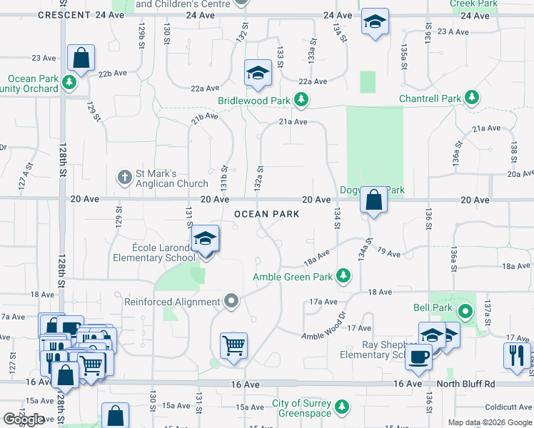 map of restaurants, bars, coffee shops, grocery stores, and more near in Surrey