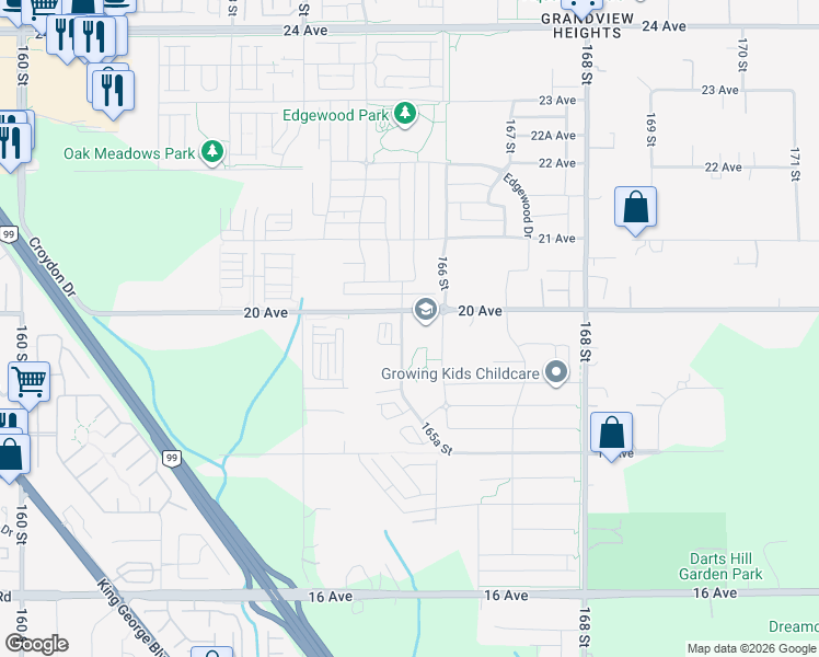map of restaurants, bars, coffee shops, grocery stores, and more near 1980 165A Street in Surrey