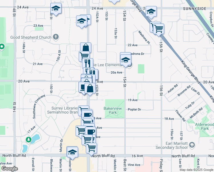 map of restaurants, bars, coffee shops, grocery stores, and more near 15298 20 Avenue in Surrey