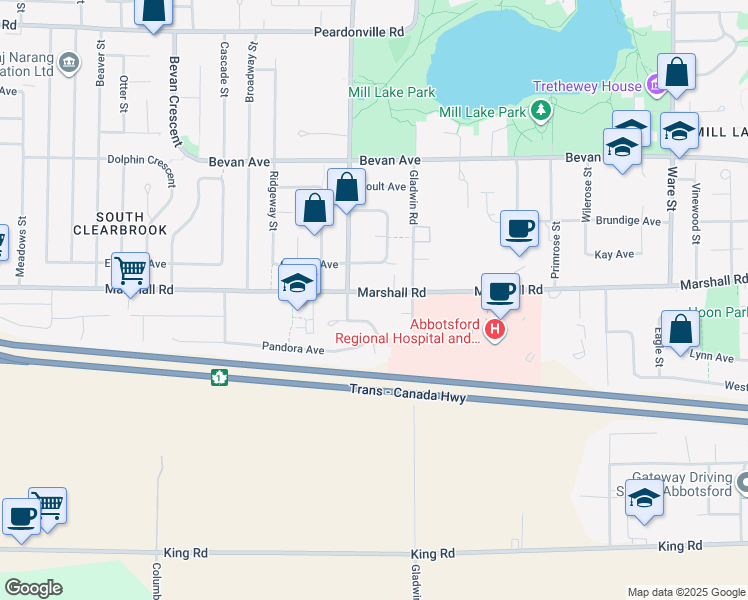 map of restaurants, bars, coffee shops, grocery stores, and more near 32740 Marshall Road in Abbotsford