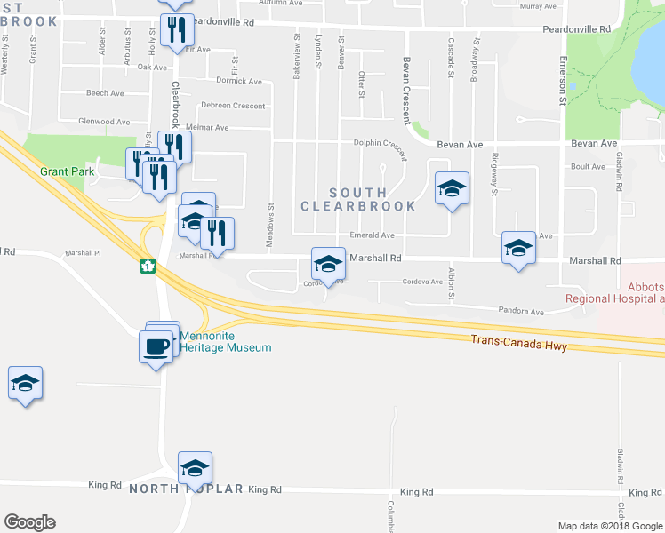 map of restaurants, bars, coffee shops, grocery stores, and more near 32290 Marshall Road in Abbotsford