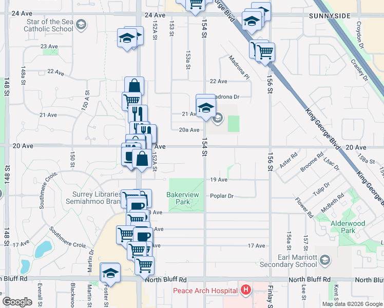 map of restaurants, bars, coffee shops, grocery stores, and more near 15360 20 Avenue in Surrey