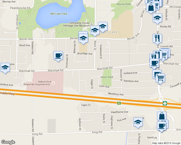 map of restaurants, bars, coffee shops, grocery stores, and more near 33172 Marshall Road in Abbotsford
