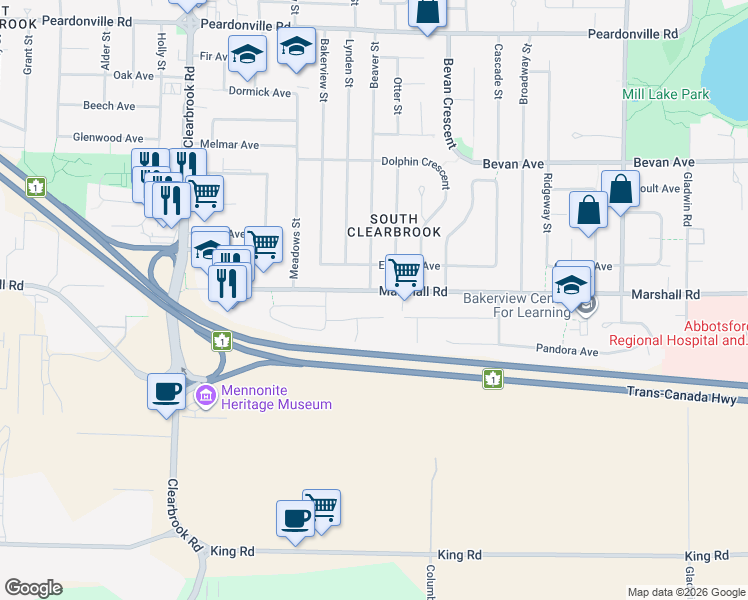 map of restaurants, bars, coffee shops, grocery stores, and more near 32290 Marshall Road in Abbotsford