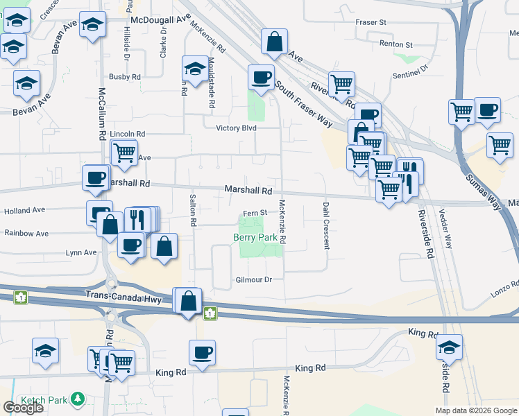 map of restaurants, bars, coffee shops, grocery stores, and more near 33947 Fern Street in Abbotsford