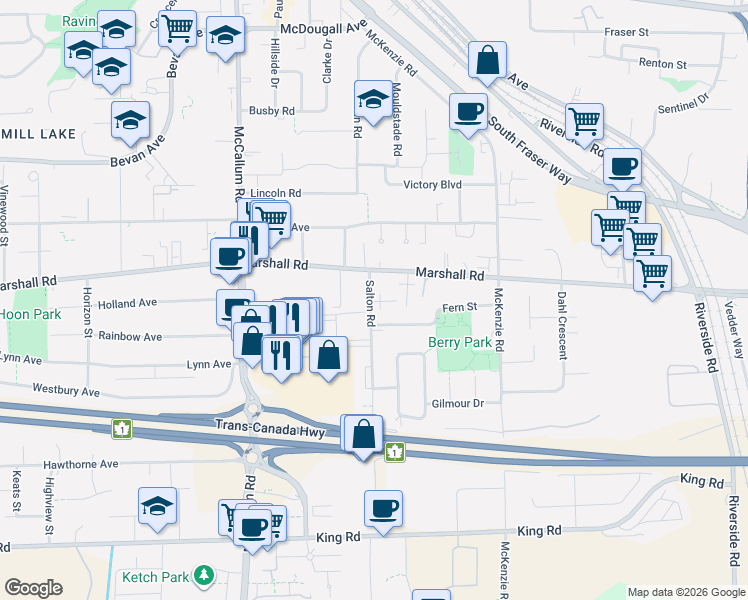 map of restaurants, bars, coffee shops, grocery stores, and more near 1950 Salton Road in Abbotsford