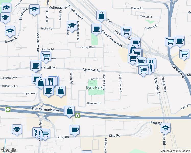 map of restaurants, bars, coffee shops, grocery stores, and more near 33947 Fern Street in Abbotsford