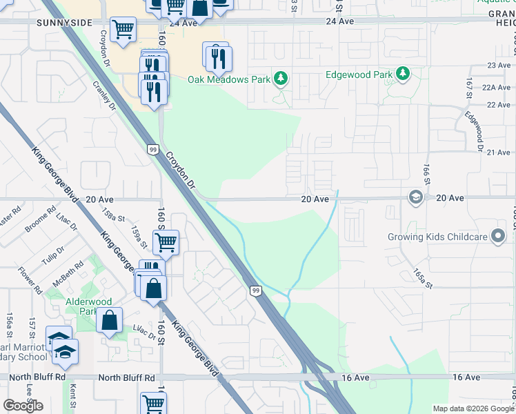 map of restaurants, bars, coffee shops, grocery stores, and more near 16216 20 Avenue in Surrey