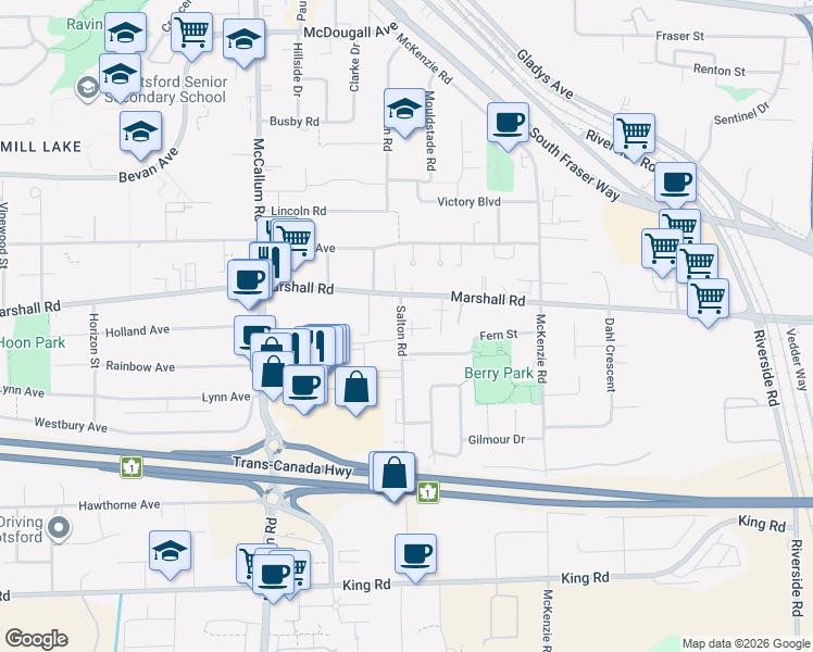 map of restaurants, bars, coffee shops, grocery stores, and more near 1950 Salton Road in Abbotsford