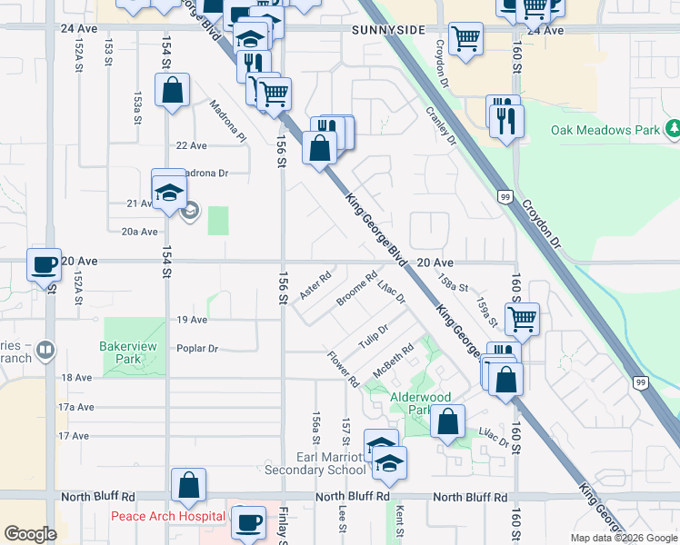 map of restaurants, bars, coffee shops, grocery stores, and more near in Surrey