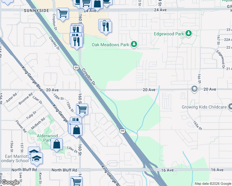 map of restaurants, bars, coffee shops, grocery stores, and more near 16184 20 Avenue in Surrey