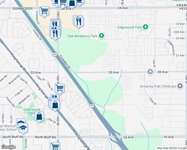 map of restaurants, bars, coffee shops, grocery stores, and more near 16216 20 Avenue in Surrey