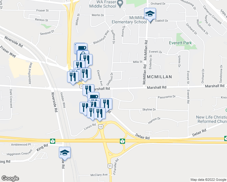 map of restaurants, bars, coffee shops, grocery stores, and more near 1954 Griffiths Road in Abbotsford
