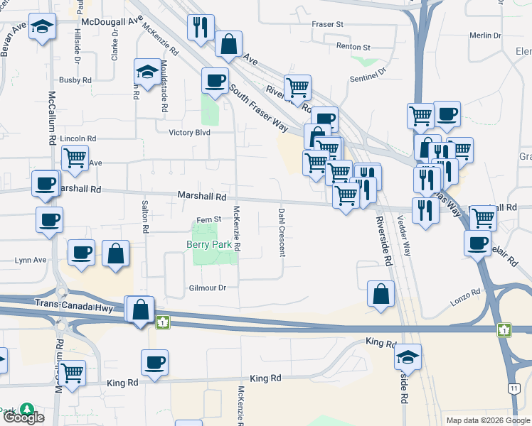 map of restaurants, bars, coffee shops, grocery stores, and more near 1970 Powell Crescent in Abbotsford